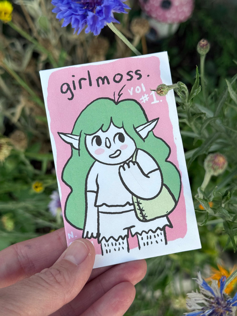 アート・デザイン・音楽 MOSSLESS ISSUE 1 zine Girlmoss Vol 1 6 page mini zine, 3x2 inches – Drawings By Nicole