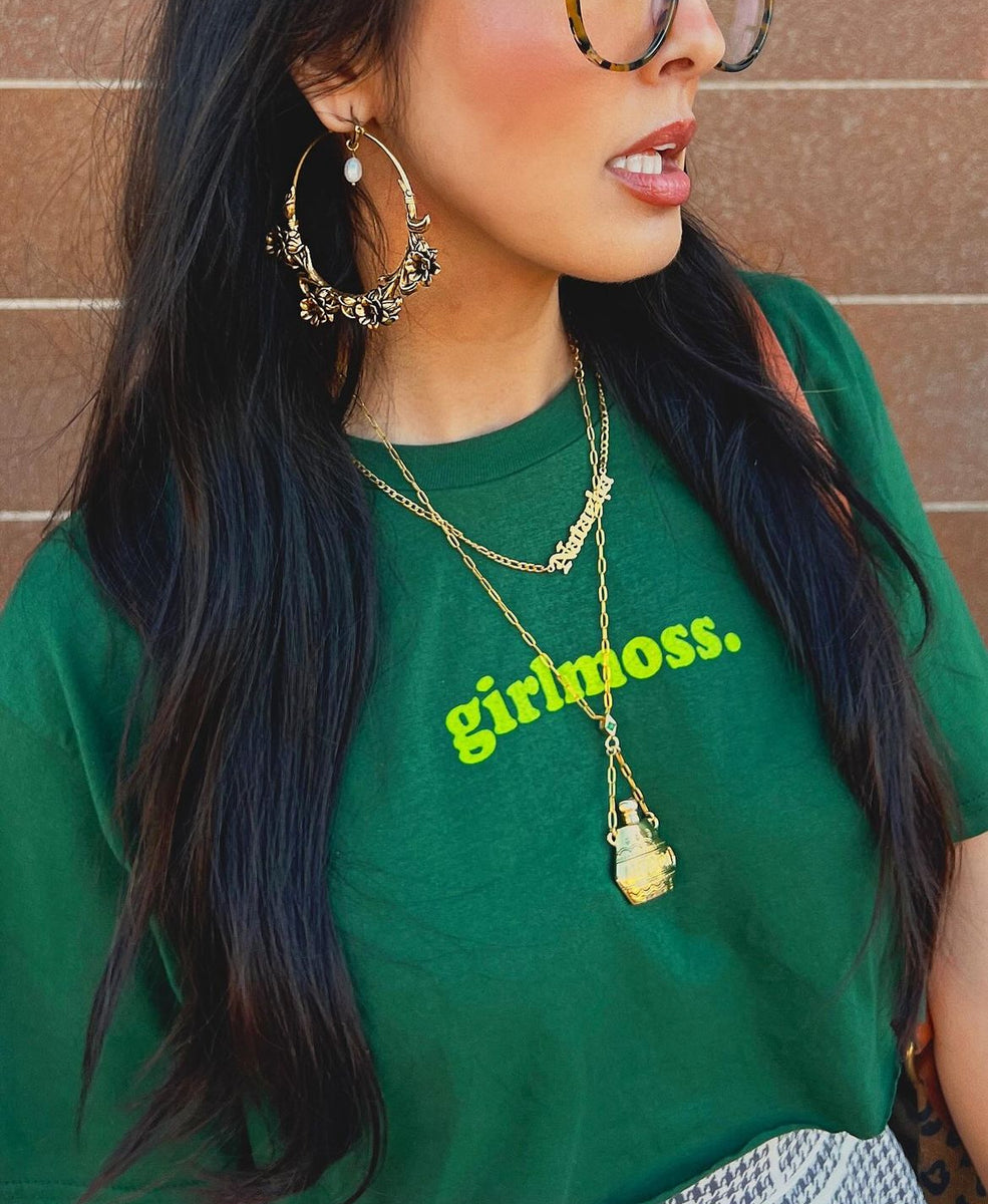 girlmoss, bright green ink on forest green unisex shirt