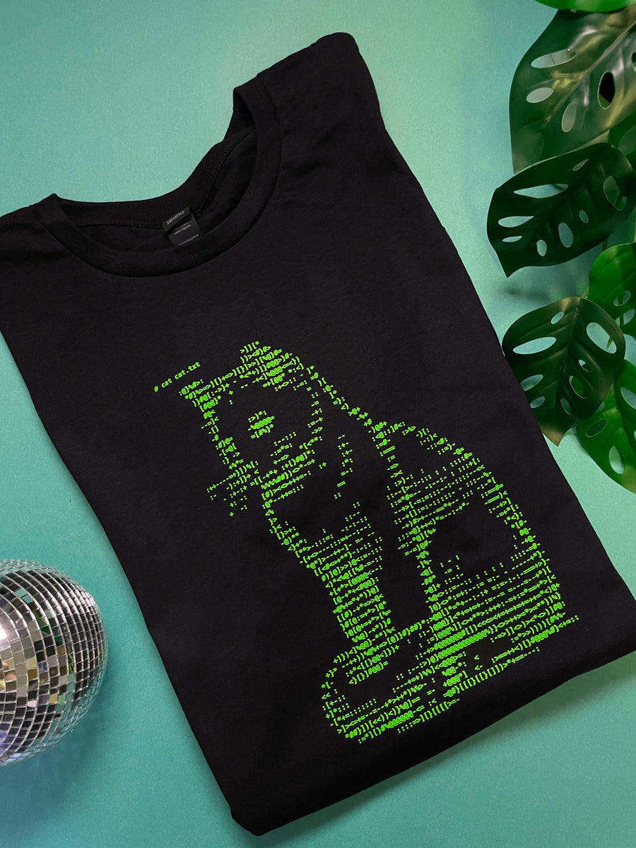 Ascii Cat by Terminal Research on black unisex t-shirt (lime green