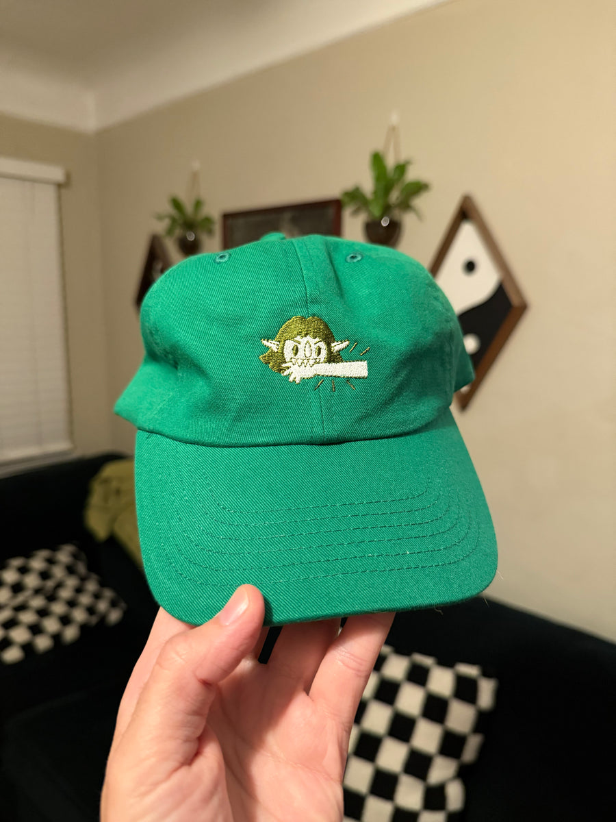 I bite - illustration on kelly green dad hat in 2 colorways