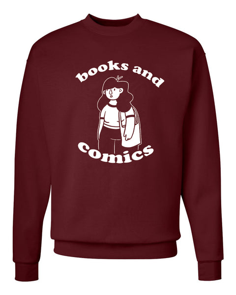Books and Comics maroon sweater with white ink, unisex sizes (Printed by Nicole).