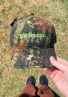 Girlmoss unstructured camo dad hat with lime green thread.