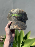 Girlmoss unstructured on camo dad hat with lime green thread.