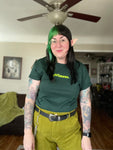 girlmoss, bright green ink on forrest green unisex shirt (not preshrunk).