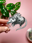 Hissssss Mother Opossum Clear Vinyl sticker, larger size at 3.5x3inches for car, bumper sticker, computer