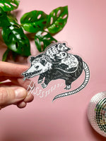 Hissssss Mother Opossum Clear Vinyl sticker, larger size at 3.5x3inches for car, bumper sticker, computer