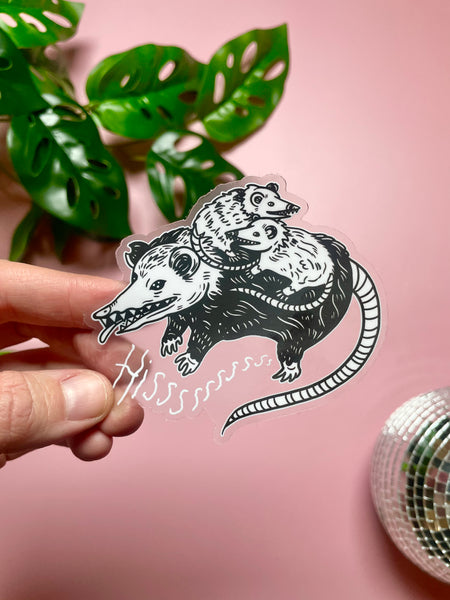 Hissssss Mother Opossum Clear Vinyl sticker, larger size at 3.5x3inches for car, bumper sticker, computer