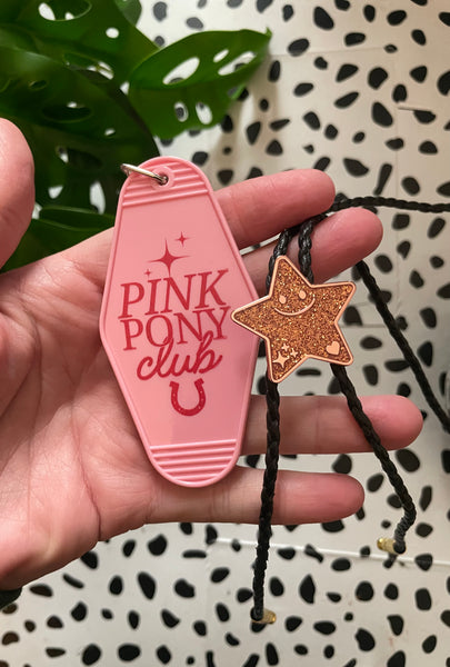 Pink Pony Club Holiday Bundle Set, pink keychain and rose gold/pink glitter and gold bolo tie, jewelry necklace enamel