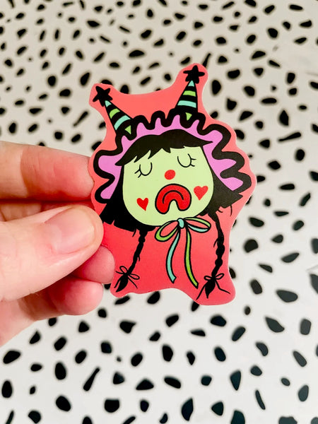 Clown Gal with double pointed hat, vinyl sticker, 2.5"