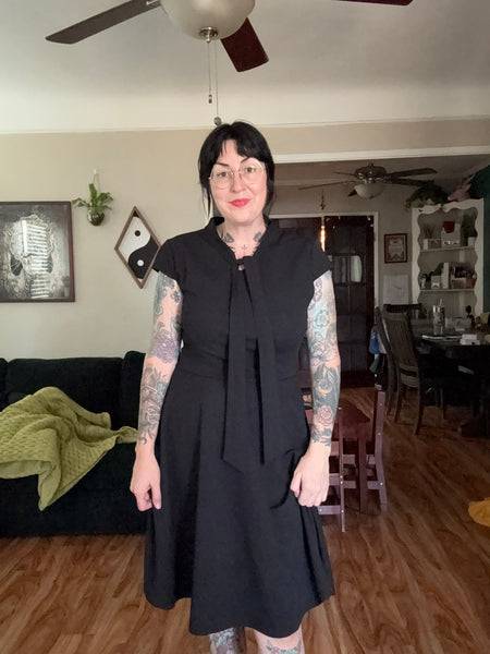 Retro style black dress with neck bow, size xl