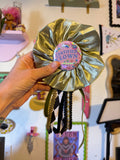 Green Certified Clown Ribbon Badge, handmade in sage with bows