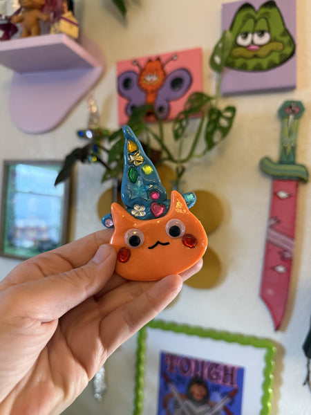 Wizard cat wall hanging (pink and blue), A Weird Little Object, clay and gloss