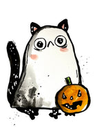 Halloween Cat with Pumpkin near its side, 5x7 inch matte print