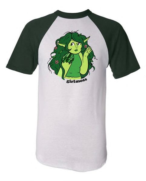 girlmoss forest green vintage style baseball short sleeve shirt in unisex. full color screen print.