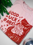 Good Luck Babe! Chappell Roan / Miss Piggy mash up shirt, red ink on pale pinn unisex soft style shirt.