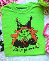 Clown Princess Unisex Shirt on White or Lime Green, hand drawn