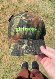 Girlmoss unstructured on camo dad hat with lime green thread.