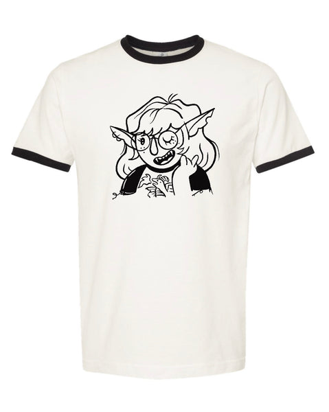 Orc girl black and vintage white style ringer in unisex. (Size down).