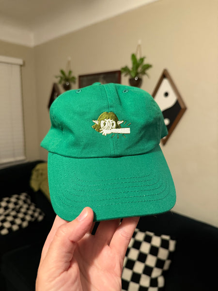 I bite - illustration on kelly green dad hat in 2 colorways