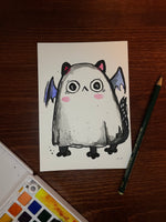 Cat Ghost with Batwings, 5x7 inch Original Watercolor Painting