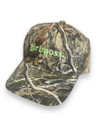 girlmoss unstructured camo dad hat. Lime green thread.