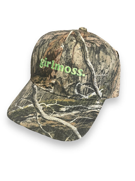 girlmoss unstructured camo dad hat. Lime green thread.