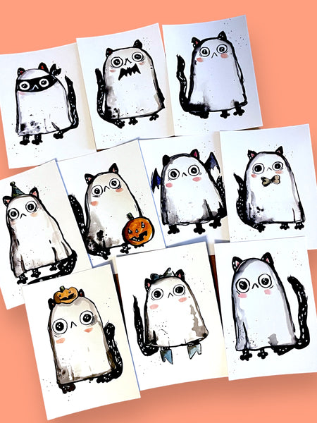 10 Print Set of Halloween Ghost cats, 5x7 inch matte prints
