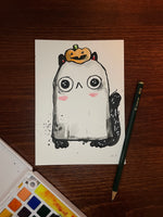 Cat Ghost with Pumpkin Hat, 5x7 inch Original Watercolor Painting