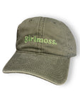 girlmoss unstructured olive dad hat. Lime green thread.