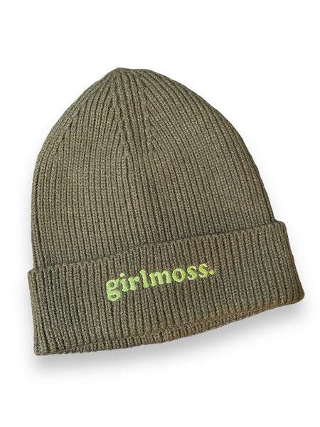 girlmoss olive beanie with lime green thread.