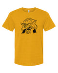 Orc girl on mustard unisex shirt. Printed in Long Beach, CA.