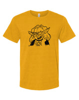 Orc girl on mustard unisex shirt. Printed in Long Beach, CA.