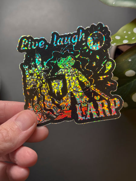 Live, Laugh, LARP Goblin Gal Glitter Vinyl Sticker, 3 inches