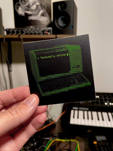 Terminally Online Computer Sticker ASCII art, 3x3 inch vinyl sticker by Terminal Research.