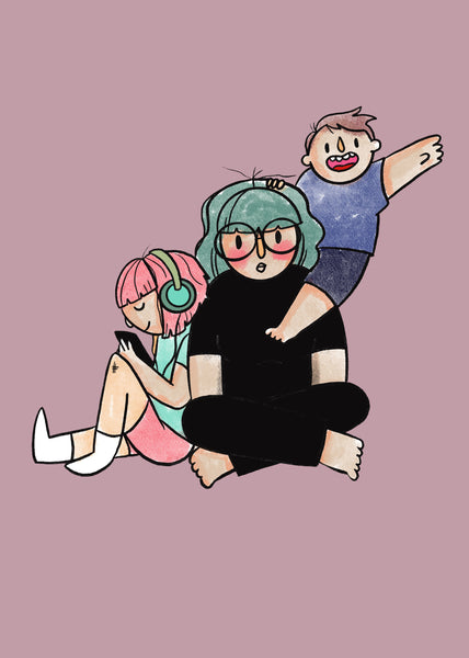 Mom with Two Kiddos, Green and Pink Hair 5x7 inch Postcard / Print